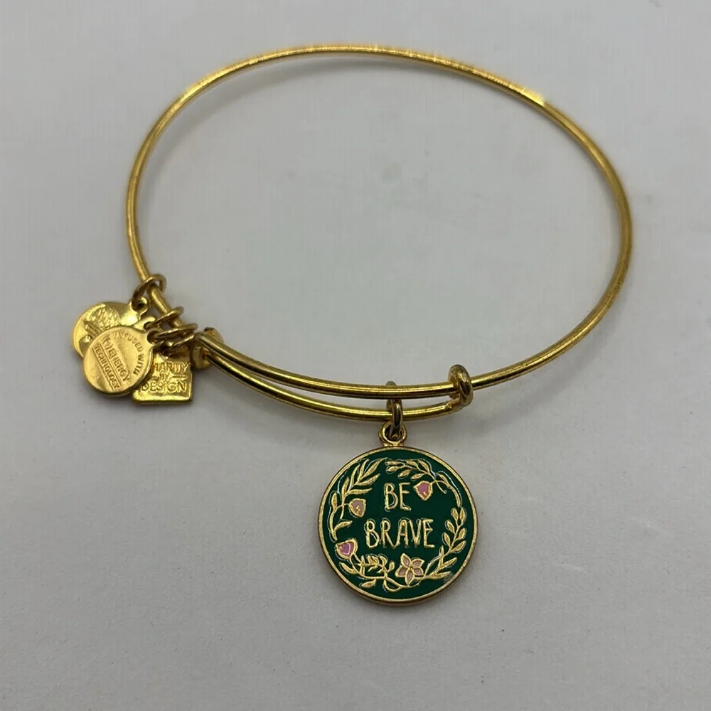 Alex and Ani gold charm bangle bracelet stretch Friend and Be Brave charms
